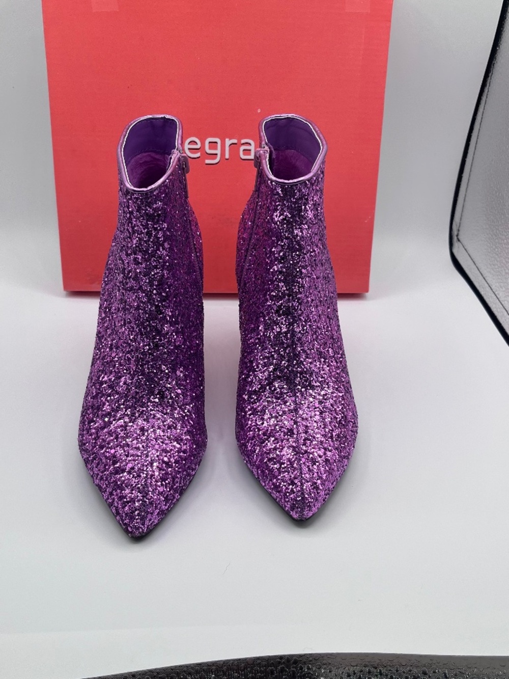 Allegra K purple glitter kitten heel ankle boot, size 7M